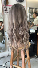 MEBARY Long Wavy Brown Gray White Lace Front Human Hair Wig for White Women