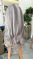 MEBARY Silver Ash Blonde Long Lace Front Human Hair Wig for White Women