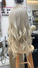 MEBARY Ash Blonde Long Wavy Lace Front Human Hair Wig for White Women