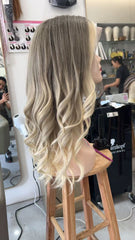 MEBARY Platinum Blonde with Ash Brown Roots Lace Front Human Hair Wig for White Women