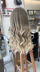 MEBARY Platinum Blonde with Ash Brown Roots Lace Front Human Hair Wig for White Women