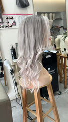 MEBARY Silver Grey Lace Front Human Hair Wig for White Women ¨C Long Wavy Style with Natural Hairline