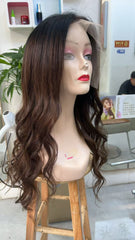 MEBARY Dark Brown to Chestnut Brown Ombre Lace Front Human Hair Wig ¨C Long Wavy Wig for White Women