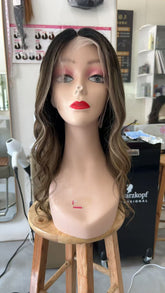 MEBARY Ash Brown Highlight Lace Front Human Hair Wig ¨C Long Wavy Balayage Wig for White Women