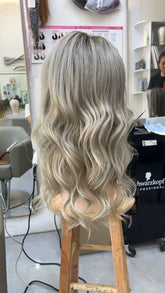 MEBARY Platinum Blonde with Ash Brown Roots Lace Front Human Hair Wig for White Women