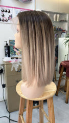 MEBARY Straight Ombre Brown to Ash Blonde Lace Front Wig – 100% Human Hair Wig for White Women