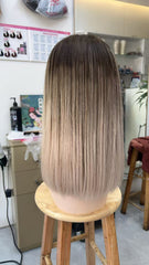 MEBARY Platinum Blonde with Ash Brown Roots Lace Front Human Hair Wig for White Women