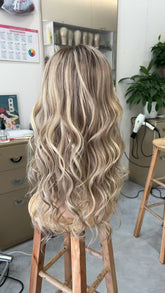 MEBARY Platinum Blonde with Ash Brown Roots Lace Front Human Hair Wig for White Women