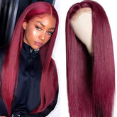 Burgundy Straight Human Hair Wigs Wine Red Colored Lace Wig