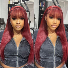 Burgundy 99J Straight Wig With Bangs Human Hair