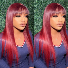 Burgundy 99J Straight Wig With Bangs Human Hair