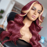 Burgundy Human Hair Wigs with Blonde Skunk Stripe for Women