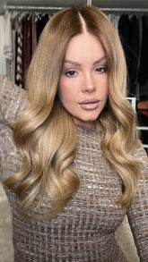 Honey Brown Blonde Wavy Wigs 100% Real Human Hair for Caucasian 180% Density