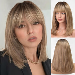 Mebary Ombre Blonde Brown Human Hair Wigs with Bangs for White Women