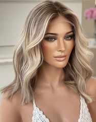 Mebary Natural Blended and Rooted Highlight Ash Blonde Wavy Bob Wigs Human Hair