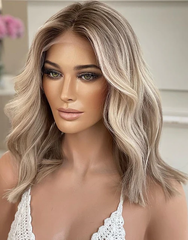 Mebary Natural Blended and Rooted Highlight Ash Blonde Wavy Bob Wigs Human Hair