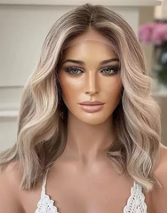 Mebary Natural Blended and Rooted Highlight Ash Blonde Wavy Bob Wigs Human Hair