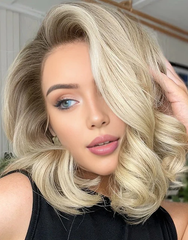 Mebary Gray Brown Blonde Highlights Wavy Bob Wigs Human Hair For Caucasian