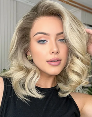 Mebary Gray Brown Blonde Highlights Wavy Bob Wigs Human Hair For Caucasian