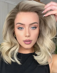 Mebary Gray Brown Blonde Highlights Wavy Bob Wigs Human Hair For Caucasian
