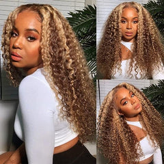 Honey Blonde Highlights #4/27 Curly 100% Virgin Human Hair Wigs