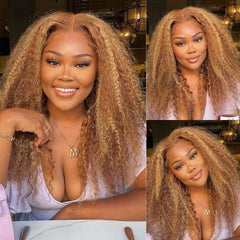Honey Blonde Highlight Wigs Ombre Color Curly Human Hair Wigs