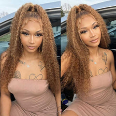 Honey Blonde Highlight Wigs Ombre Color Curly Human Hair Wigs