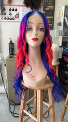 MEBARY Vibrant Blue Pink Red Body Wave Human Hair Wig