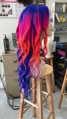MEBARY Mix of Royal blue, Hot pink, and Bright Red Rainbow Human Hair Wig for White Women
