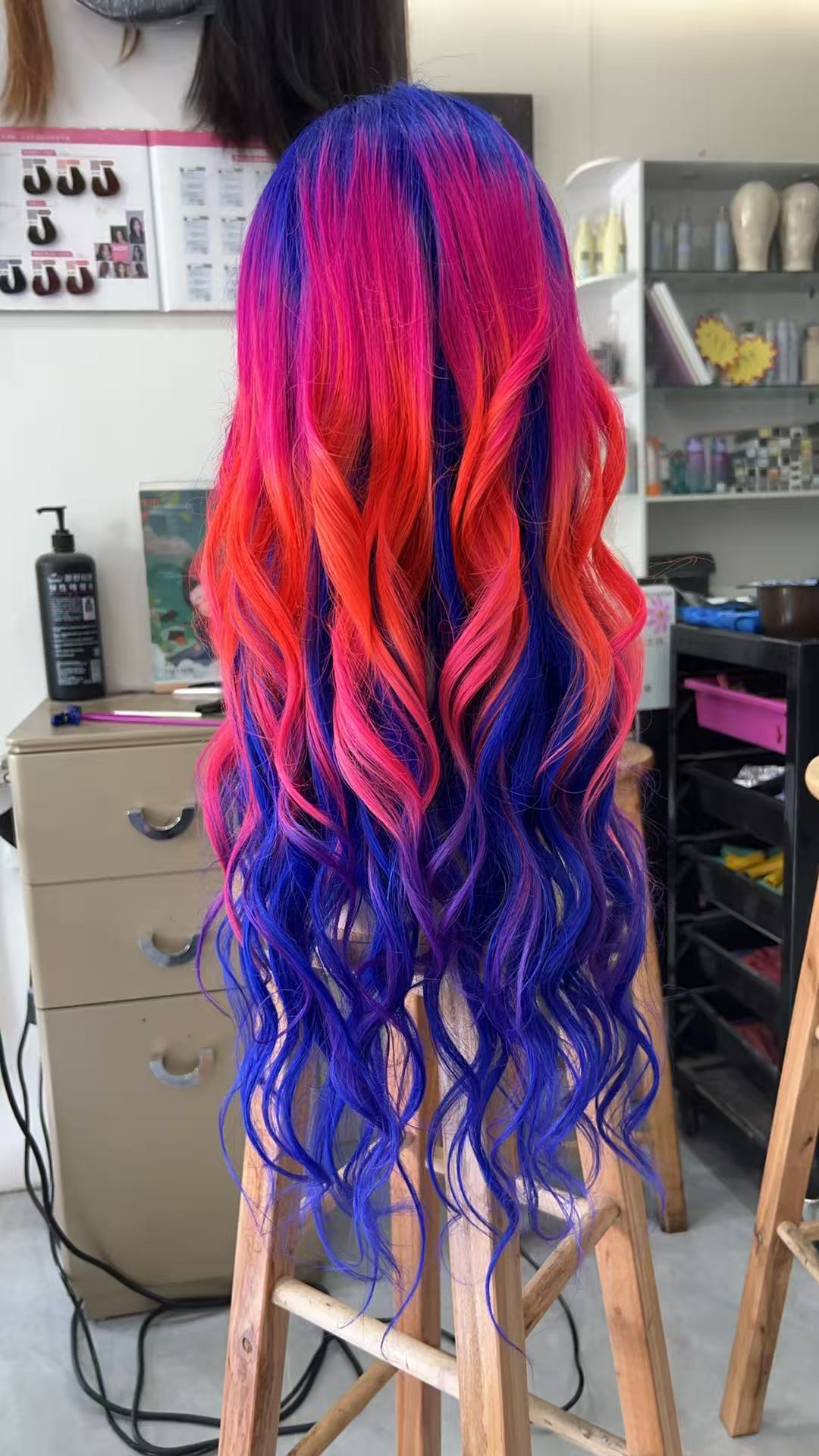 MEBARY Mix of Royal blue, Hot pink, and Bright Red Rainbow Human Hair Wig for White Women