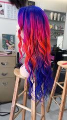 MEBARY Mix of Royal blue, Hot pink, and Bright Red Rainbow Human Hair Wig for White Women