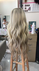 MEBARY Platinum Blonde Highlights Straight Human Hair Wig for White Women