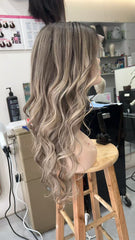 MEBARY Ash Brown Highlights Wavy Human Hair Wig for White Women