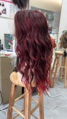 MEBARY Vibrant Burgundy Red Straight Human Hair Wig for White Women