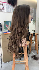 MEBARY Natural Chestnut Brown Long Wavy Human Hair Wig for White Women