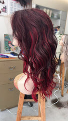 MEBARY Ombre Burgundy Red Long Wavy Human Hair Wig for White Women