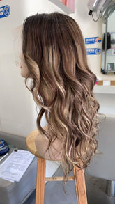 MEBARY Ash Brown Highlight Human Hair Wig for White Women