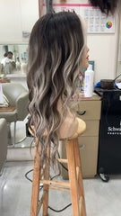 MEBARY Ombre Brown to Ash Blonde Highlight Human Hair Wig for White Women