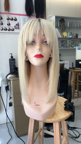 MEBARY Platinum Blonde with gray streaks Human Hair Wig for White Women