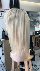 MEBARY Platinum Blonde with gray streaks Human Hair Wig for White Women