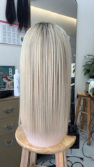 MEBARY Platinum Blonde with gray streaks Human Hair Wig for White Women