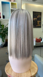 MEBARY Short Modern Silver-Gray Straight Human Hair Wig for White Women