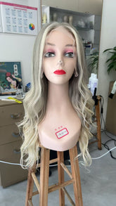 MEBARY Ash Blonde Ombre Long Curly Human Hair Wig with Grey Roots for White Women