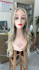 MEBARY Ash Blonde Ombre Long Curly Human Hair Wig with Grey Roots for White Women