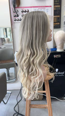 MEBARY Ash Blonde Ombre Long Curly Human Hair Wig with Grey Roots for White Women