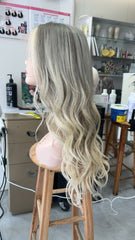 MEBARY Ash Blonde Ombre Long Curly Human Hair Wig with Grey Roots for White Women