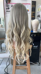 MEBARY Ash Blonde Ombre Long Curly Human Hair Wig with Grey Roots for White Women