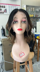 MEBARY Short Wavy Brown Ombre Human Hair Wig for White Women