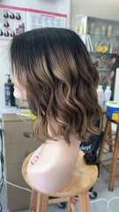 MEBARY Short Wavy Brown Ombre Human Hair Wig for White Women