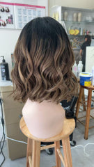 MEBARY Short Wavy Brown Ombre Human Hair Wig for White Women